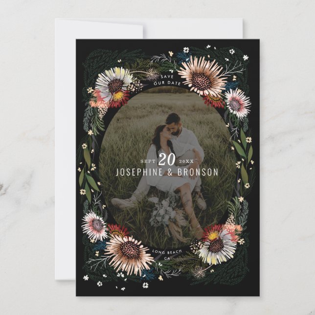 Save The Date Boho Flowers Photo Noir (Devant)