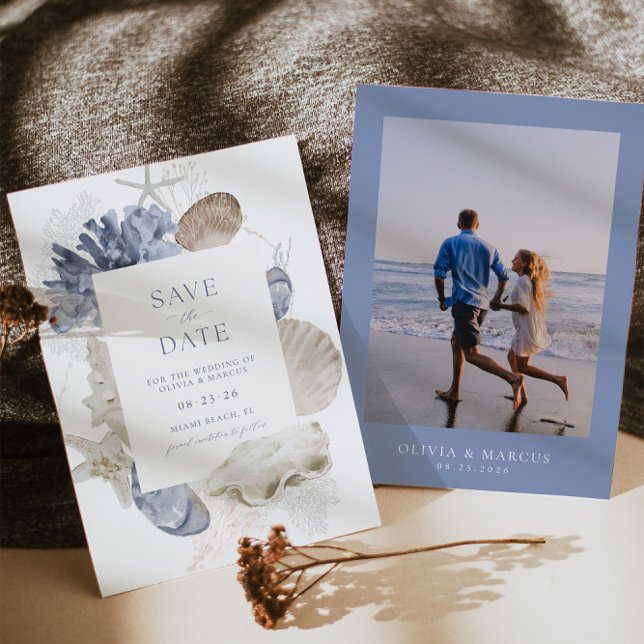 Save The Date Boho Frame Beach Shell Dusty Blue Photo Mariage (Front/Back)