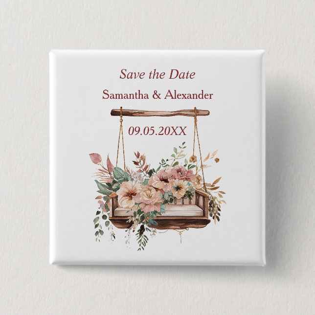 Save the Date Boho Garden Swing Floral  2 Inch Square Button (Front)