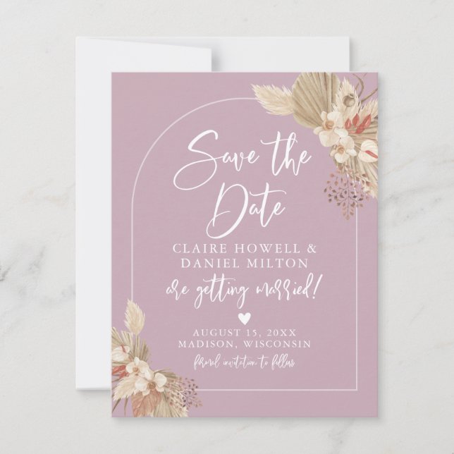 Save The Date Boho Herbe de Pampas Rose Pâle Épinglé Enregistrez (Devant)