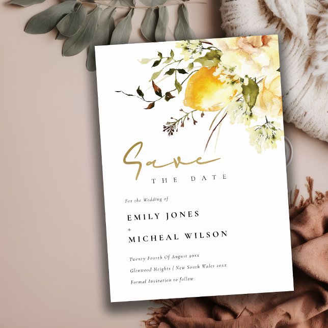 Save The Date Boho Lemon Aquarelle jaune Mariage floral (Créateur téléchargé)