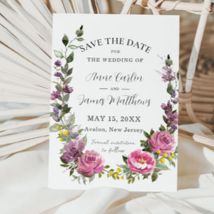 Save The Date Boho Magenta Rose Violet Jaune Floral Mariage