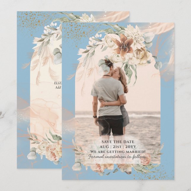 Save The Date BOHO Mariage Herbe de Pampas Bleu Poussière (Devant / Derrière)