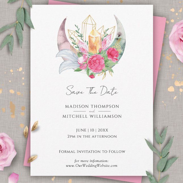 Save The Date Boho Moon Crystals Plumes rose Fleurs Mariage (Créateur téléchargé)