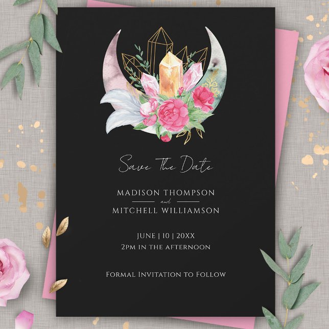 Save The Date Boho Moon Crystals Plumes rose Fleurs Mariage (Créateur téléchargé)