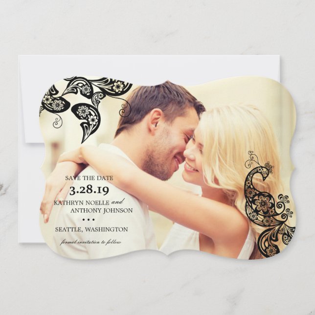 Save The Date Boho Noir Floral Peacock Photo Enregistrer La Cart (Devant)