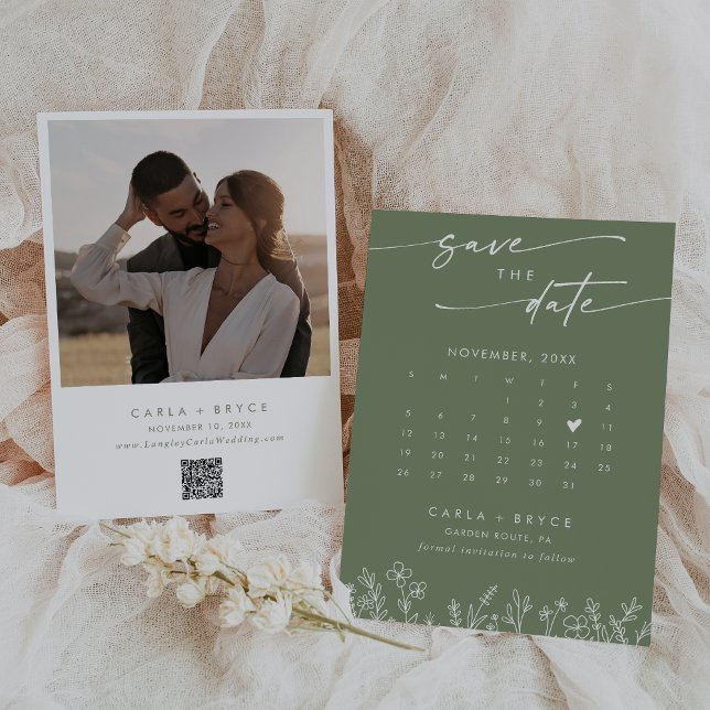 Save The Date Boho Olive Wildflower QR Code Photo Calendar  (Créateur téléchargé)