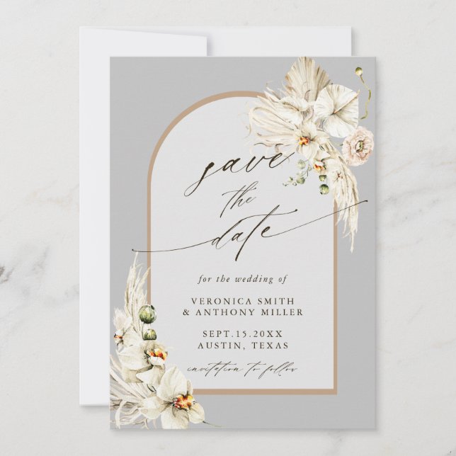Save The Date Boho Pampas Grass Orchid Gris Mariage Photo (Devant)