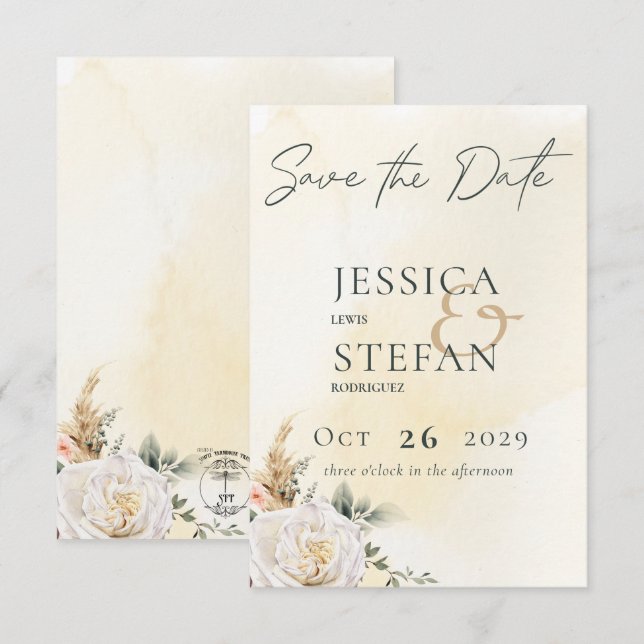 Save The Date Boho Pampas & Roses Rose Mariage (Devant / Derrière)