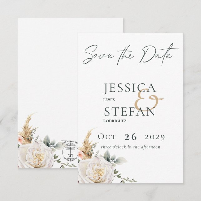 Save The Date Boho Pampas & Roses Roses Rose Mariage blanc (Devant / Derrière)