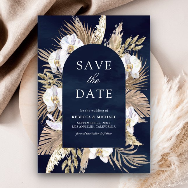 Save The Date Boho Pampas White Orchid Mariage bleu marine (Créateur téléchargé)