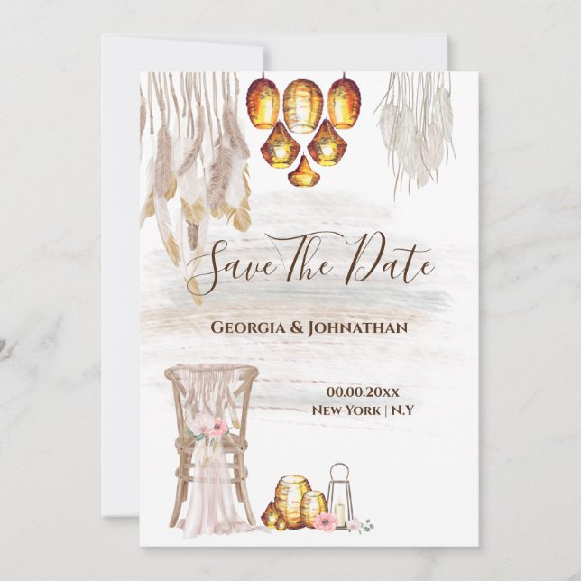 Save The Date Boho pays macrame string lumières plume lanterne (Devant)