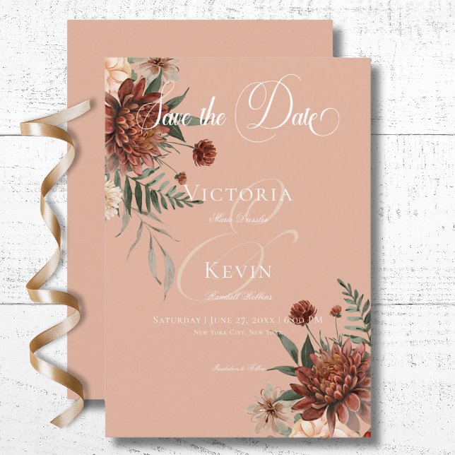 Save The Date Boho Peach & Rust Floral Peach Blush Mariage (Boho Peach & Rust Floral Peach Blush Wedding Save the Date Card)