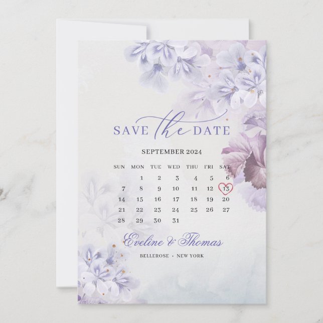 Save The Date Boho printemps fleurs mauve mois calendrier (Devant)