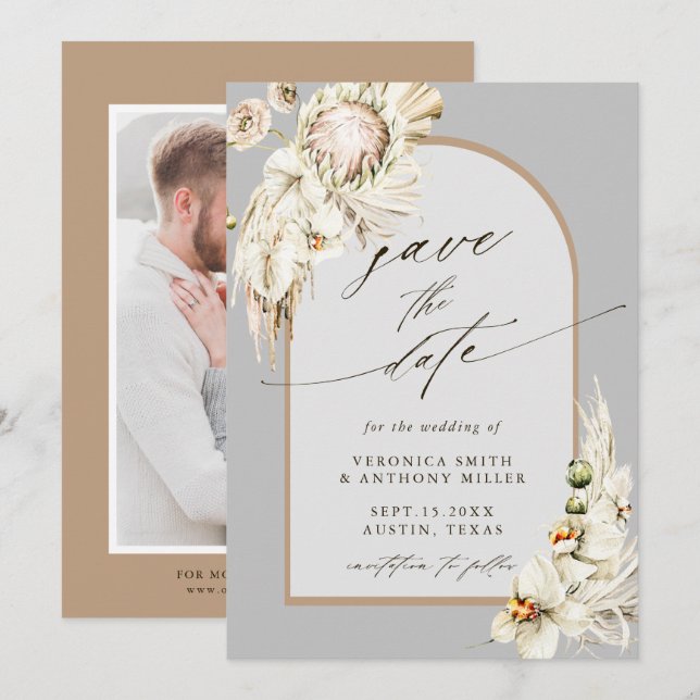 Save The Date Boho Protea Pampas Gris Gris Mariage Photo (Devant / Derrière)