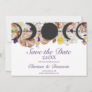 Save The Date Boho Purple Floral Moon Phase Wiccan Handfasting