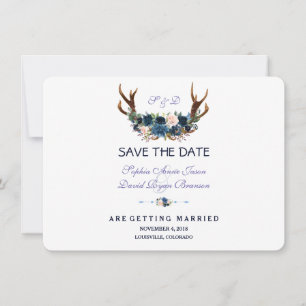 Save The Date Boho Rose Bleu Marine Floral Bois de Cerf Événemen