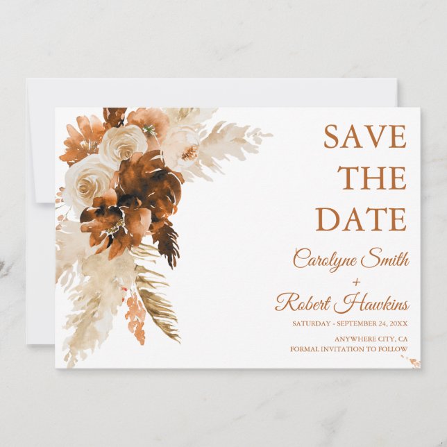 Save The Date Boho Rouille Et Pampas Grass Élégant (Devant)