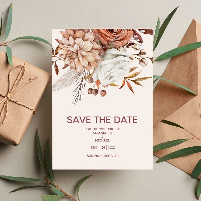 Save The Date Boho Rust Terracotta séché Fan Fleurs Mariage (Créateur téléchargé)