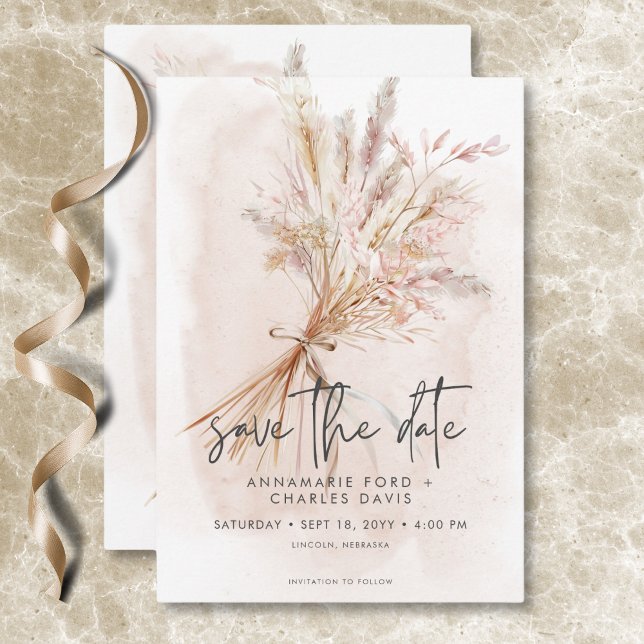 Save The Date Boho Rustic Pampas & Mariage de bouquet d'herbe sé (Boho Rustic Pampas & Dried Grass Bouquet Wedding Save The Date)