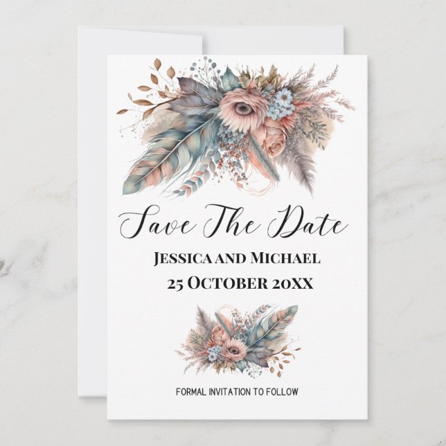 Save The Date Boho rustique argent et rose floral (Devant)