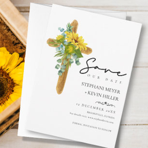 Save The Date Boho Rustique Boho Wood Tournesol vert Croix Maria