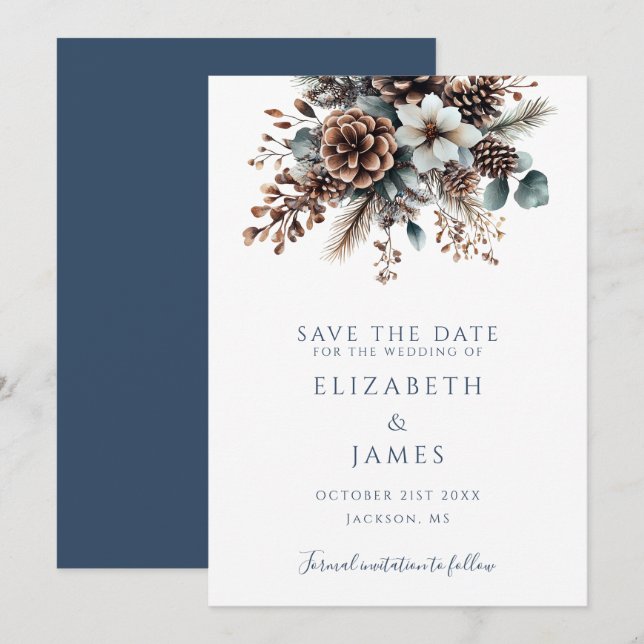 Save The Date Boho Rustique Floral Pinecones Mariage (Devant / Derrière)