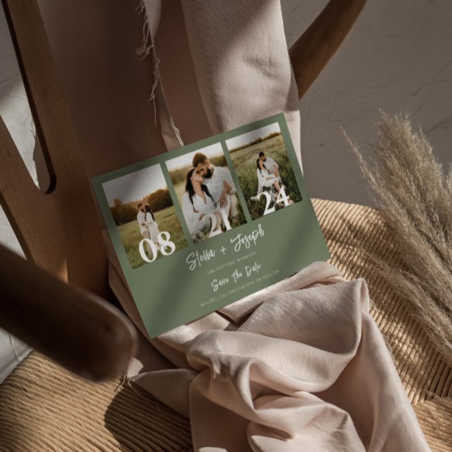 Save The Date Boho Sage Vert moderne Trois photos Mariage (Créateur téléchargé)