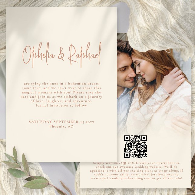 Save The Date Boho Script photo QR Mariage Terracotta Cream (Front and back view. Available digitally and printed)