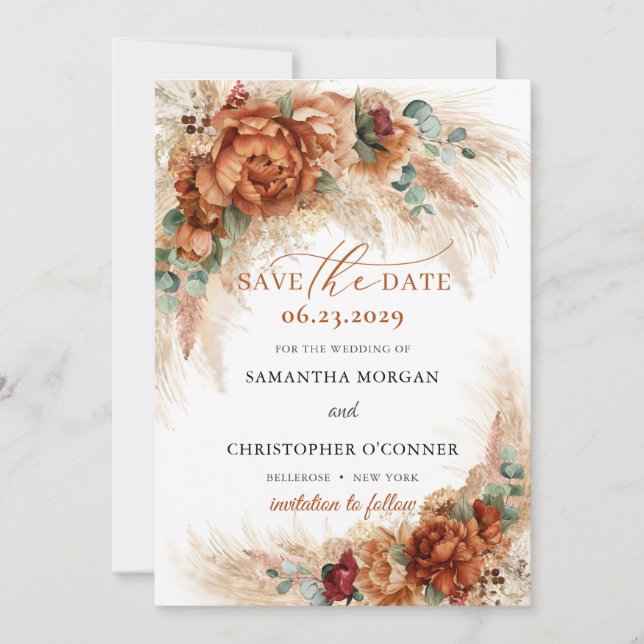 Save The Date Boho terracotta brûlé orange pampas herbe (Devant)