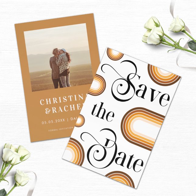 Save The Date Boho Terracotta Rainbow Retro Script Mariage photo (Créateur téléchargé)