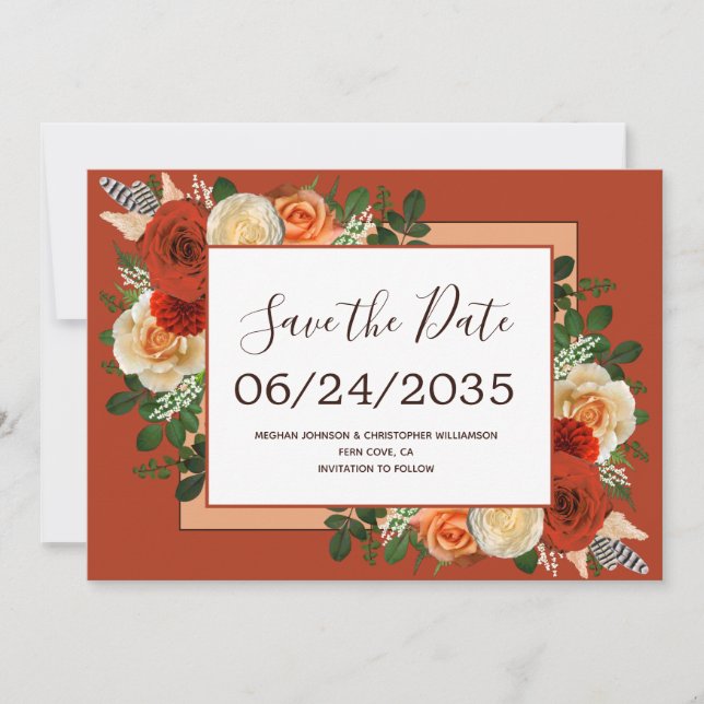 Save The Date Boho Terracotta rouille Floral Pampas Mariage en h (Devant)