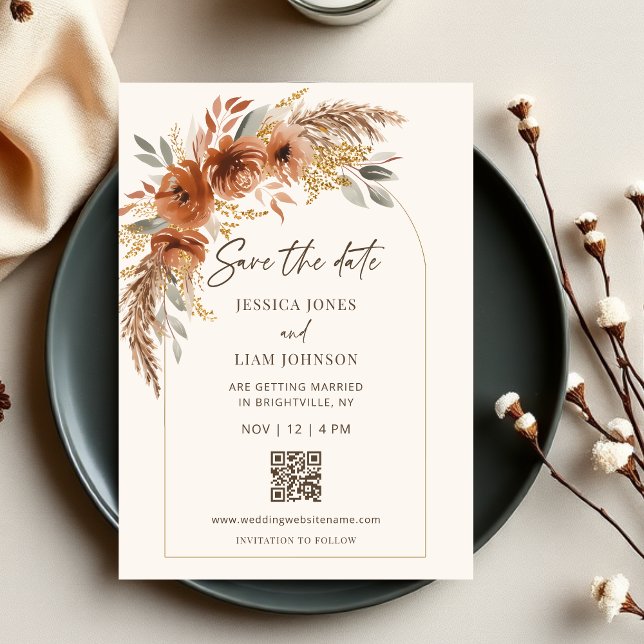 Save The Date Boho Terracotta Rust Fall Floral Mariage QR Code (Modern Elegant Boho Terracotta Rust Fall Floral Wedding Save the Date)
