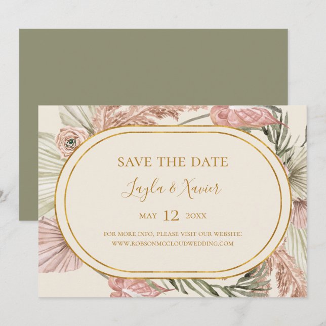 Save The Date Boho Tropical Botanical | Vert olive horizontal (Devant / Derrière)