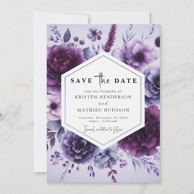 Save The Date Boho Typographie Purple Floral Mariage (Devant)