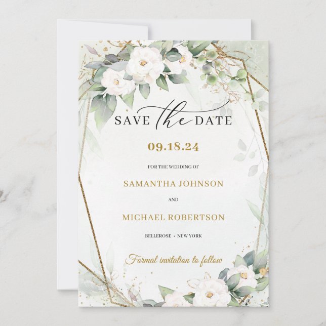 Save The Date Boho Vert eucalyptus fleurs de roses blanches (Devant)