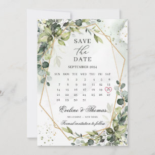 Save The Date Boho vert feuillage or cadre mois calendrier