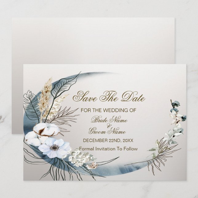 Save The Date Boho White Orchidée Fleurs Blue Moon Elegant Party (Devant / Derrière)