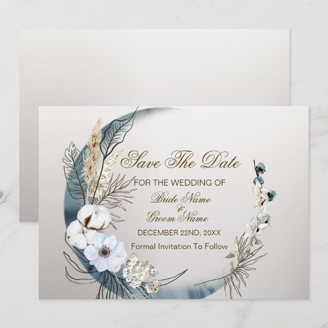 Save The Date Boho White Orchidée Fleurs Blue Moon Elegant Party (Devant / Derrière)