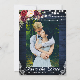 Save The Date Bois bleu rustique Lumières florales dentelle Enre