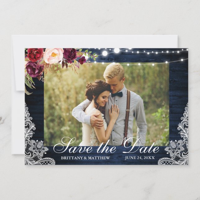 Save The Date Bois bleu rustique Lumières Florales dentelle Phot (Devant)
