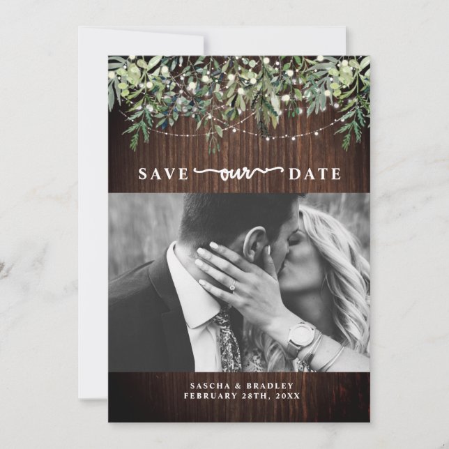 Save The Date Bois Botanique Chaîne Lumière Photo (Devant)