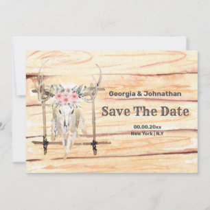 Save The Date Bois de cerf tribal bohème rose vert plumes Sauvag