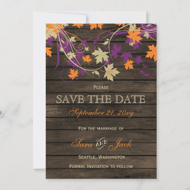 Save The Date Bois de grange Feuilles de chute de prune rustique (Devant)