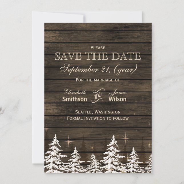 Save The Date Bois de grange Pins rustiques, hiver sauver les da (Devant)