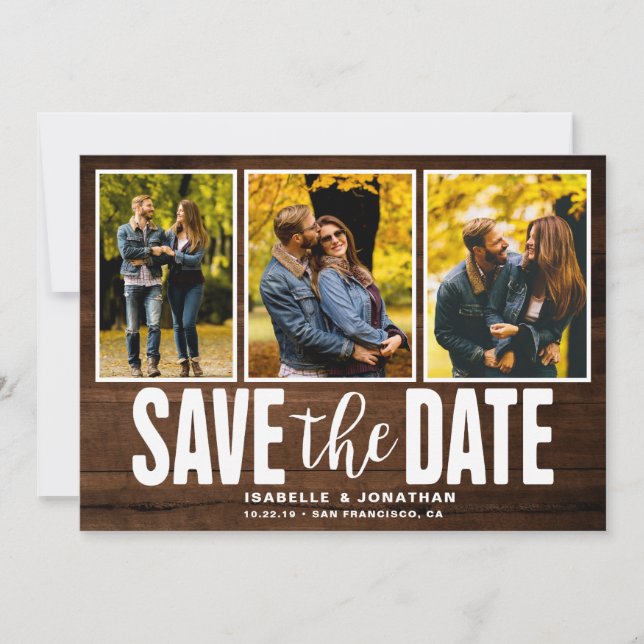 Save The Date Bois foncé rustique 3 photo Collage (Devant)