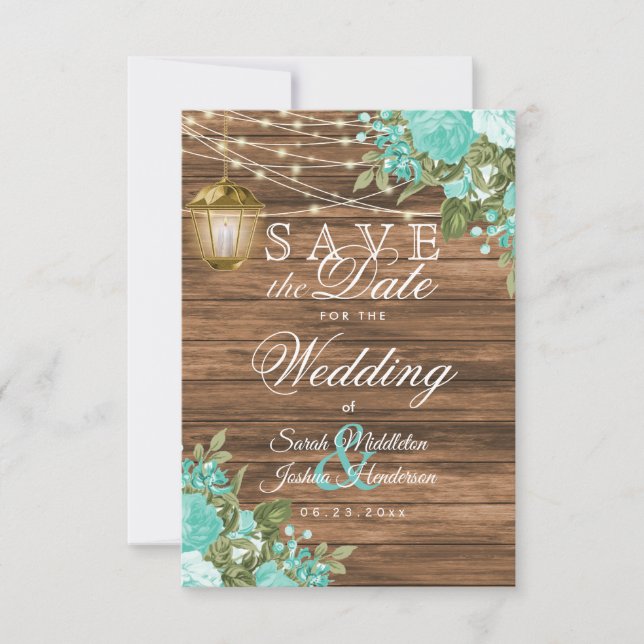 Save The Date Bois, lanterne et fleur Turquoise - Enregistrer la (Devant)