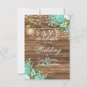 Save The Date Bois, lanterne et fleur Turquoise - Enregistrer la