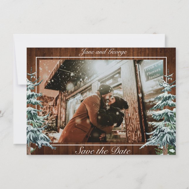 Save The Date Bois neigeux et forêt Pin de campagne Mariage Phot (Devant)