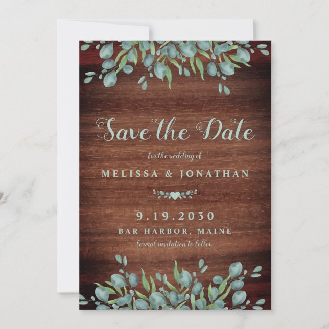 Save The Date Bois rustique Aquarelle Eucalyptus Mariage vert (Devant)
